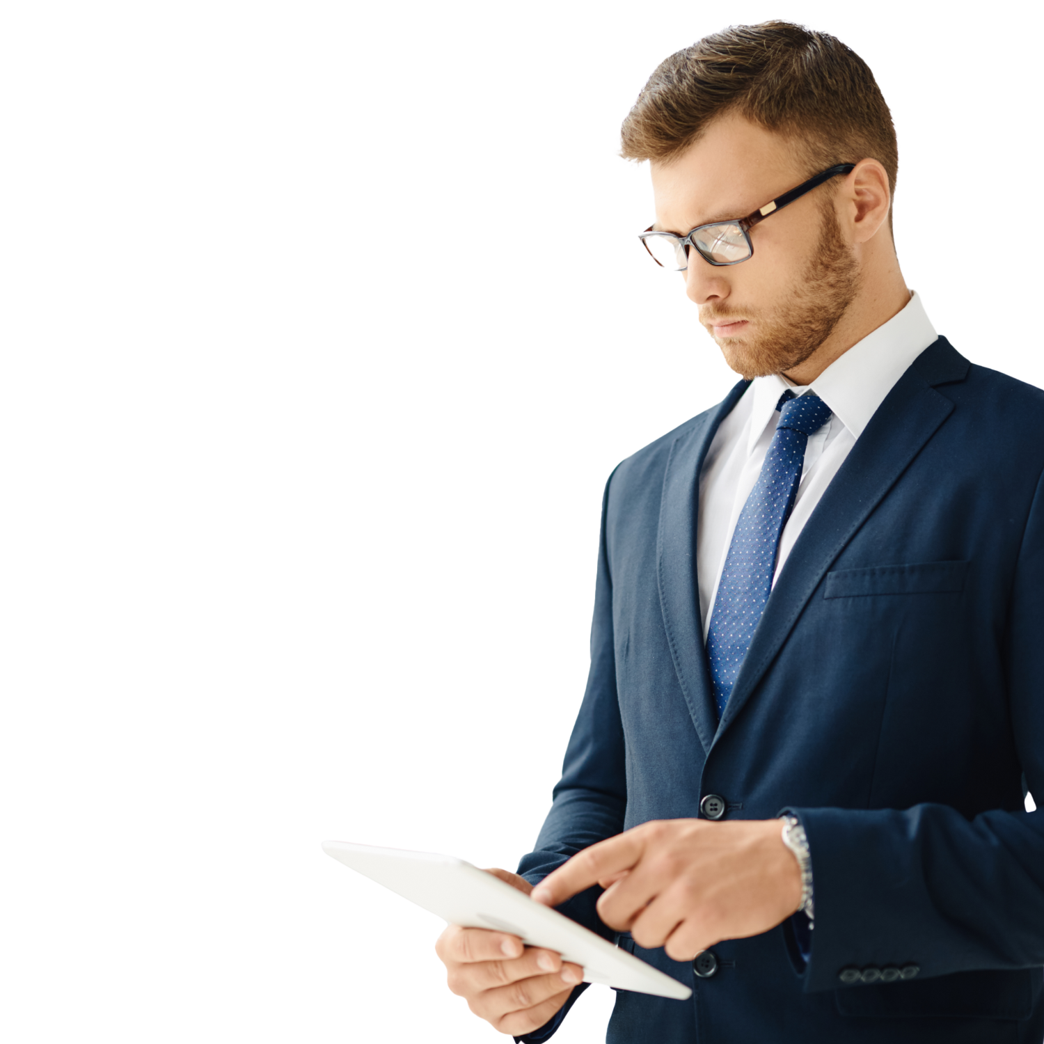 A professionally dressed man, wearing a blue suit and glasses, is holding a tablet and appears to be concentrating on the screen. The image is an ideal visual for a website focused on HR Management Training.