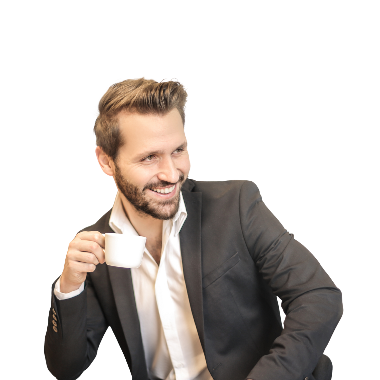 A professional-looking businessman with a beard is smiling while holding a coffee cup, a great image for topics related to leadership, business networking, or professional development.