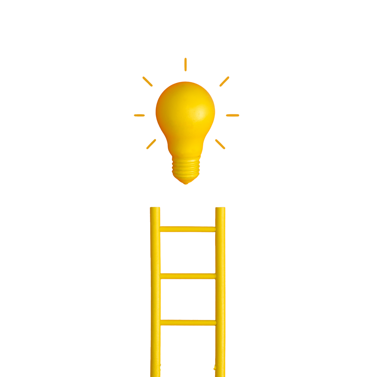 A bright yellow ladder leads up towards a glowing yellow lightbulb, symbolizing a path to a new idea or business growth.